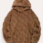 Men'S Casual Hoodie with Drawstring, Checkered Jacquard Texture, Fluffy Plush Pullover Sweatshirt with Pocket, Polyester, Loose Fit, Knit Fabric, Hooded, Solid Color for Fall/Winter