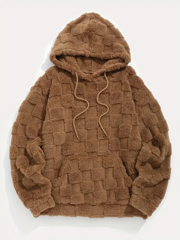 Men'S Casual Hoodie with Drawstring, Checkered Jacquard Texture, Fluffy Plush Pullover Sweatshirt with Pocket, Polyester, Loose Fit, Knit Fabric, Hooded, Solid Color for Fall/Winter