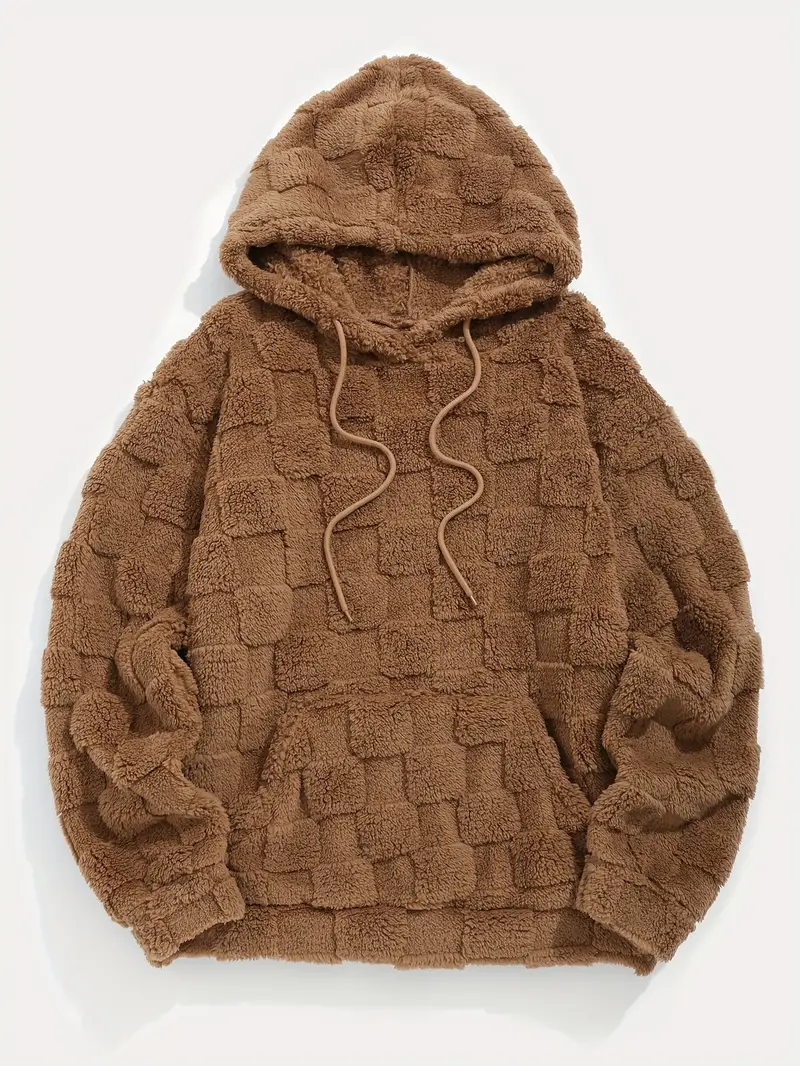 Men'S Casual Hoodie with Drawstring, Checkered Jacquard Texture, Fluffy Plush Pullover Sweatshirt with Pocket, Polyester, Loose Fit, Knit Fabric, Hooded, Solid Color for Fall/Winter